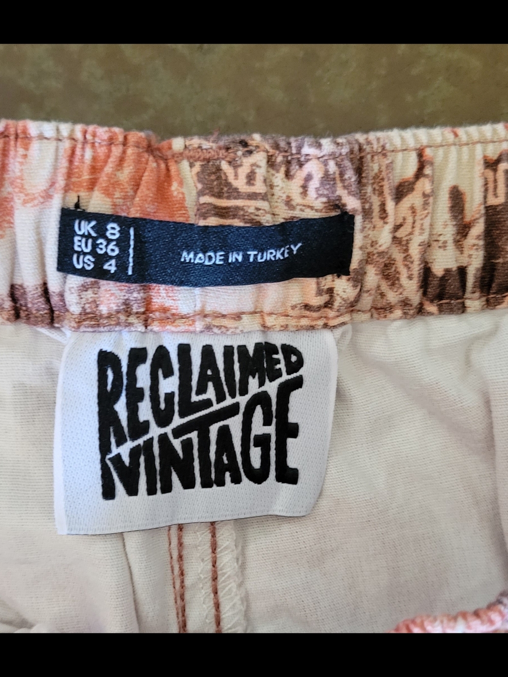 Reclaimed Vintage Elastic Waist Pants in Peach & Brown Print Sz 4 - Picture 7 of 8